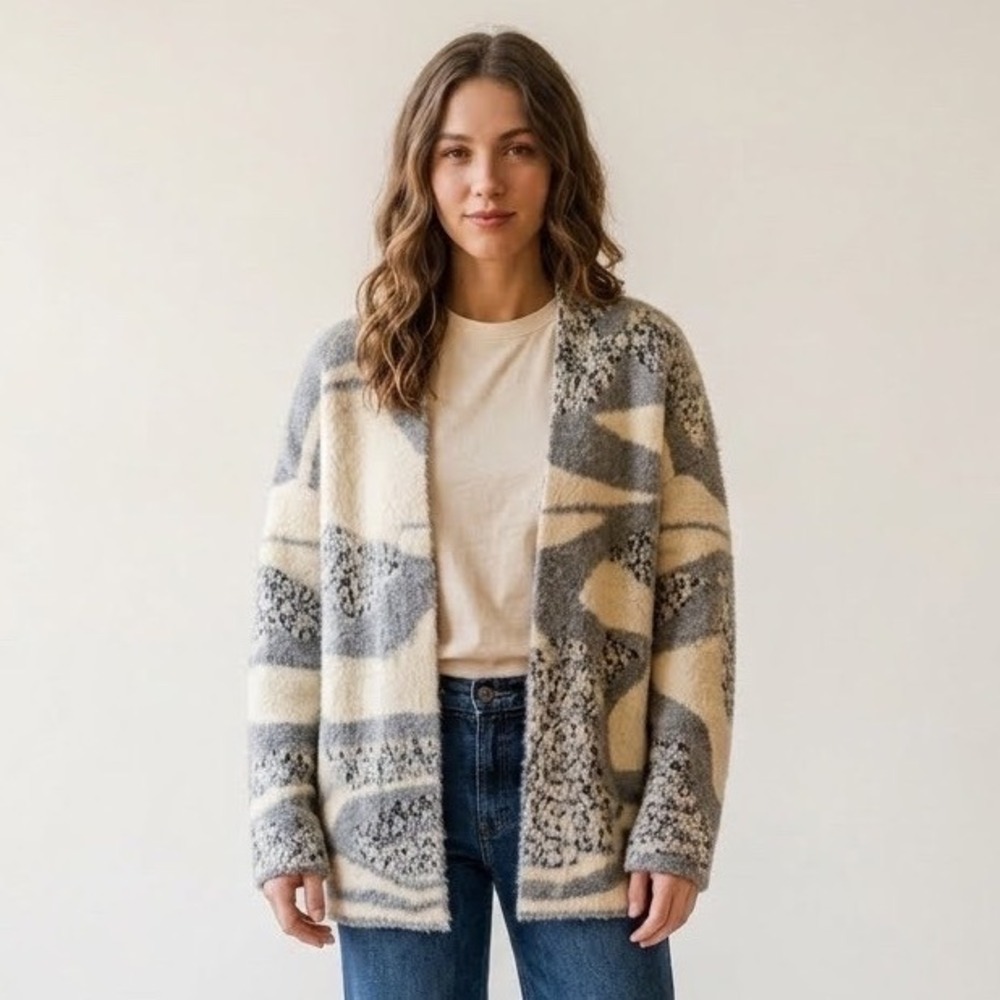 Hatley Womens Grey Cream Abstract Eyelash Knit Open Front Cardigan Sweater L